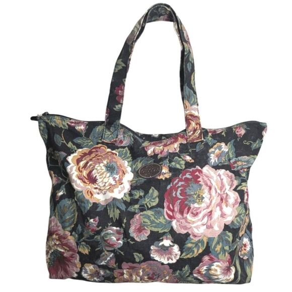 Sasson Vintage 1995 black pink multicolor rose floral large canvas tote bag - Picture 1 of 7